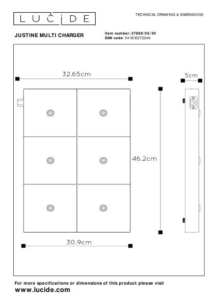 Lucide THE DOCK - Draadloze oplader / oplaadstation / Wireless charger - Max. 6 lampen - Zwart - technisch